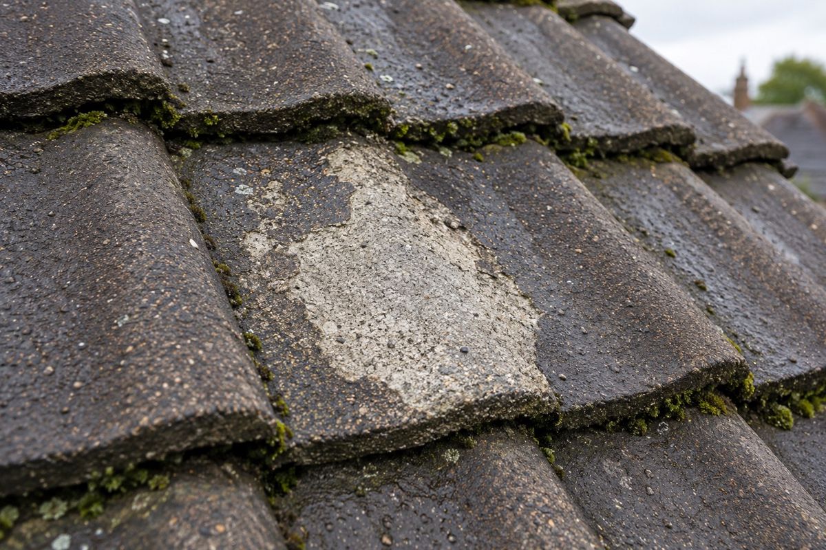 Close view of a concrete roof tile with its surface worn pale