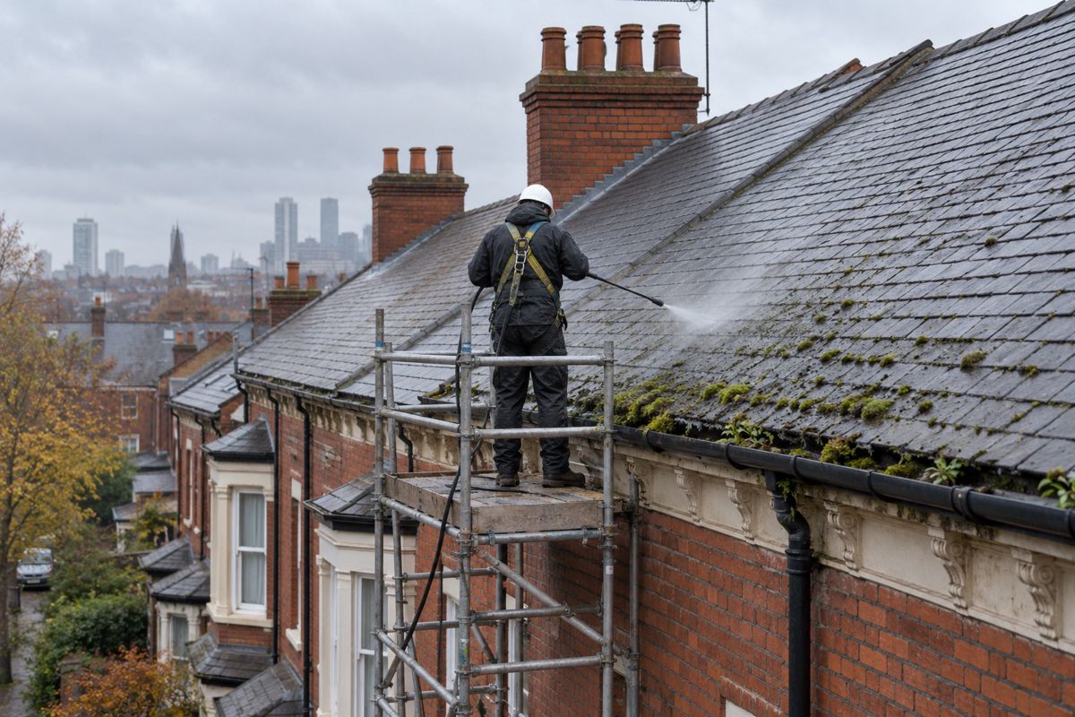 Worker soft washing a Victorian slate roof from a scaffold platform