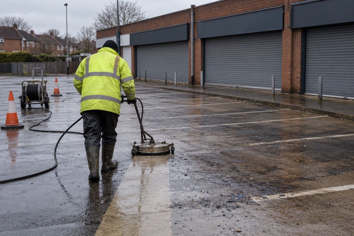Worker cleaning oil-stained tarmac in a retail car park with a surface cleaner