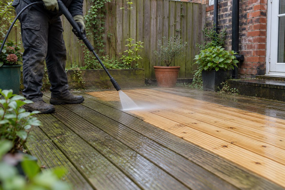 Gloved hands washing algae off garden decking beside a fence