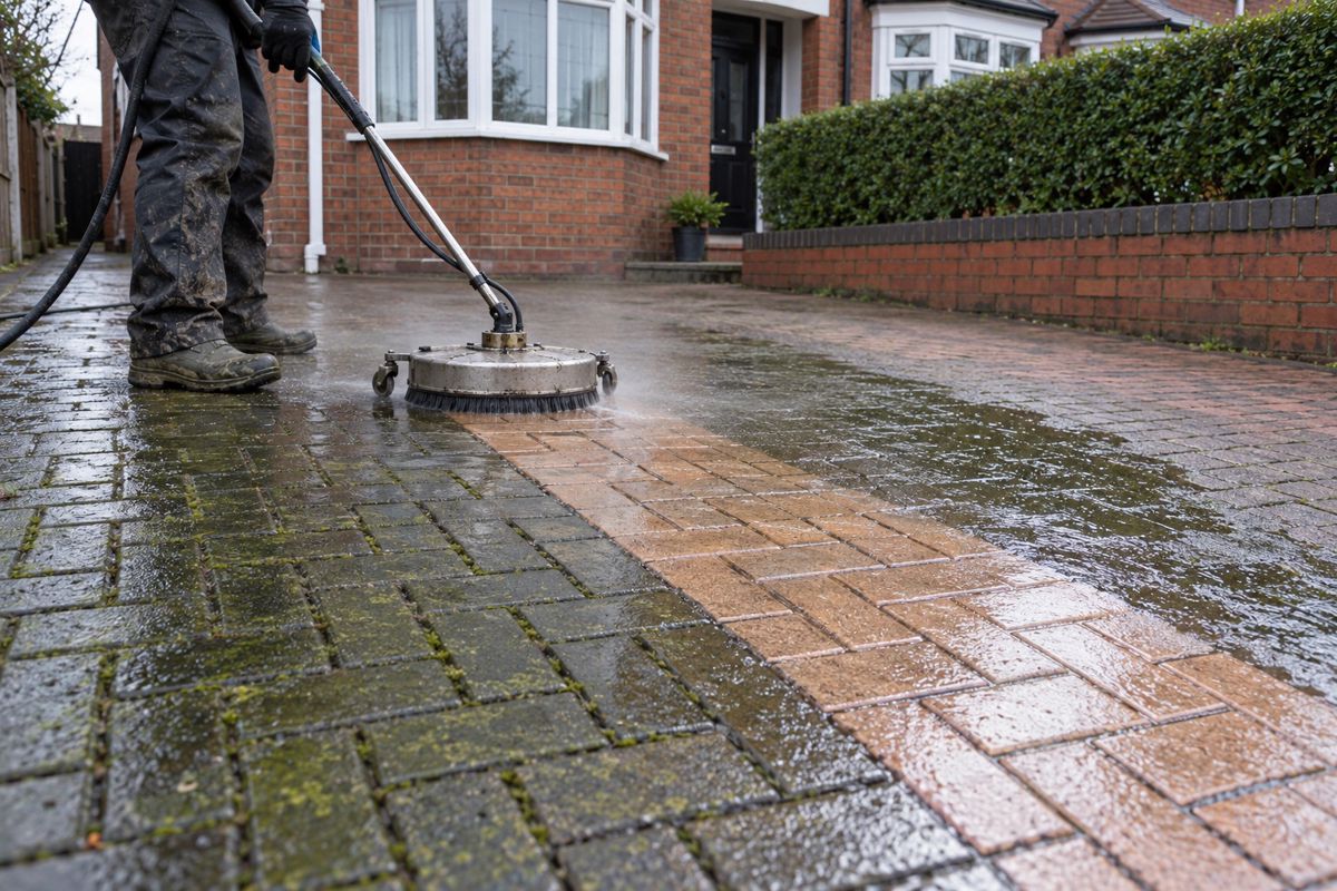 Surface cleaner removing green algae from block paving on a driveway