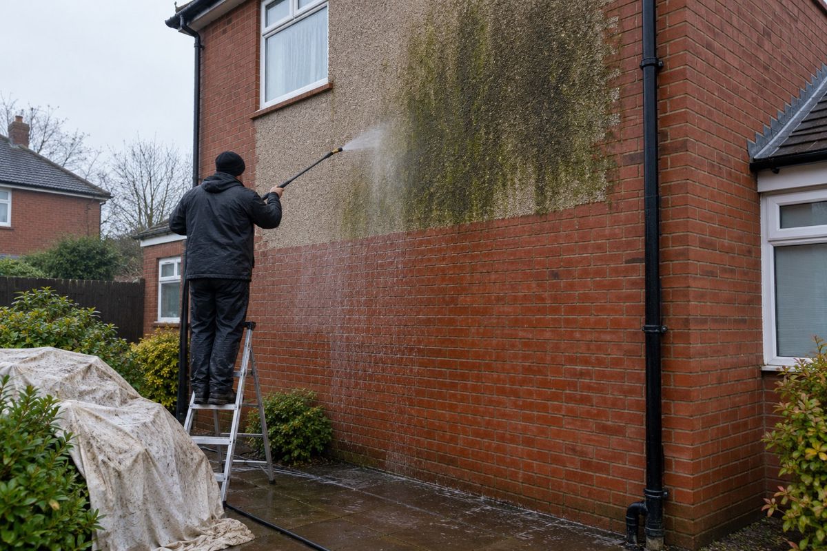 Worker soft washing algae from a brick and pebbledash semi wall