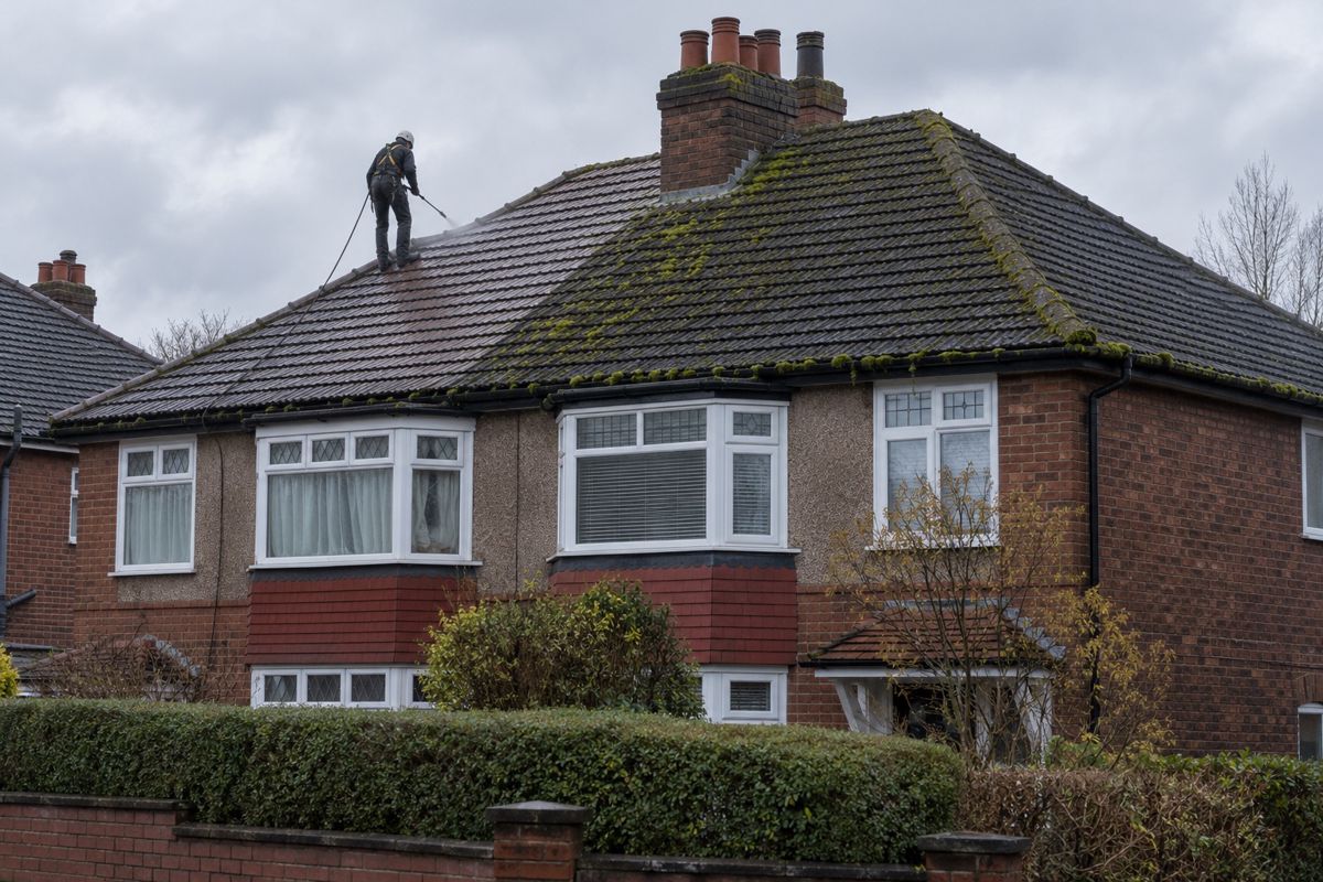 Moss and algae covered concrete tile roof partly cleaned above a Manchester street